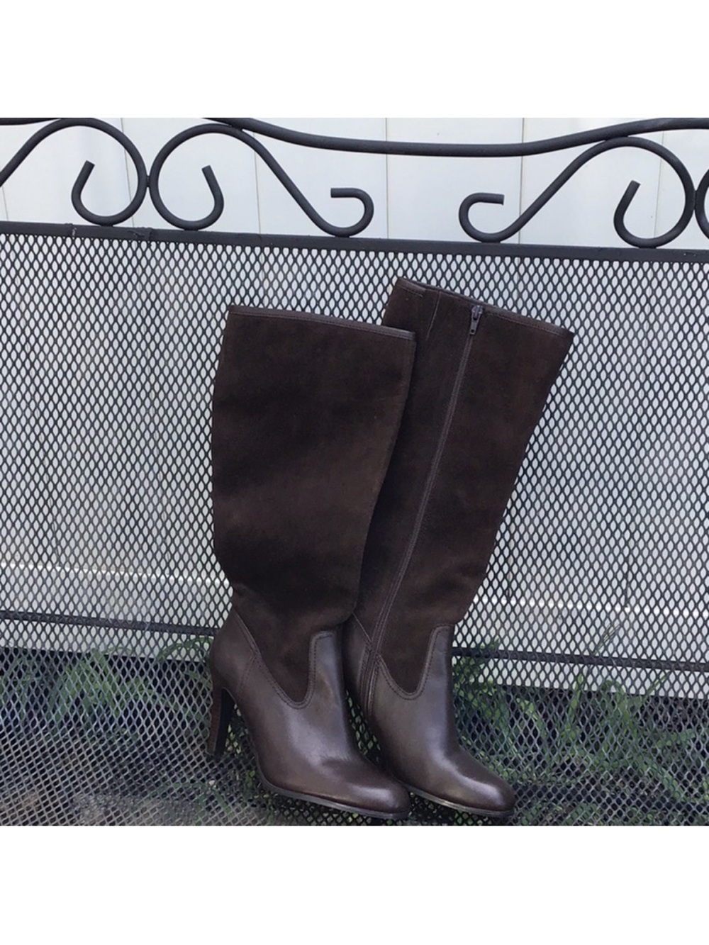 Ralph Lauren Dark Brown Leather and Suede Knee-High Heeled Boots
